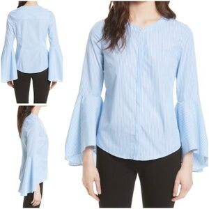 MILLY Women Size 4 Michelle Blue White Stripe Bell Sleeve Cotton Blouse USA